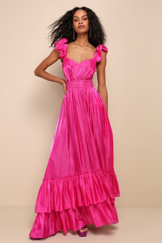 Pristine Glow Magenta Pink Ruffled Tie Back Maxi Dress