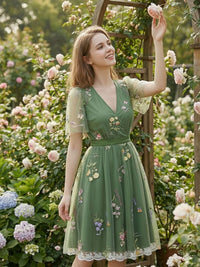 [Pre Sale] Green 1950s Floral Puff Sleeve Mesh Embroidered Dress Green