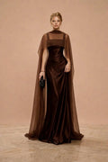 Elegant Chocolate Brown Silk Evening Gown With Sheer Cape Luxury Floor