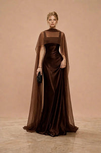 Elegant Chocolate Brown Silk Evening Gown With Sheer Cape Luxury Floor