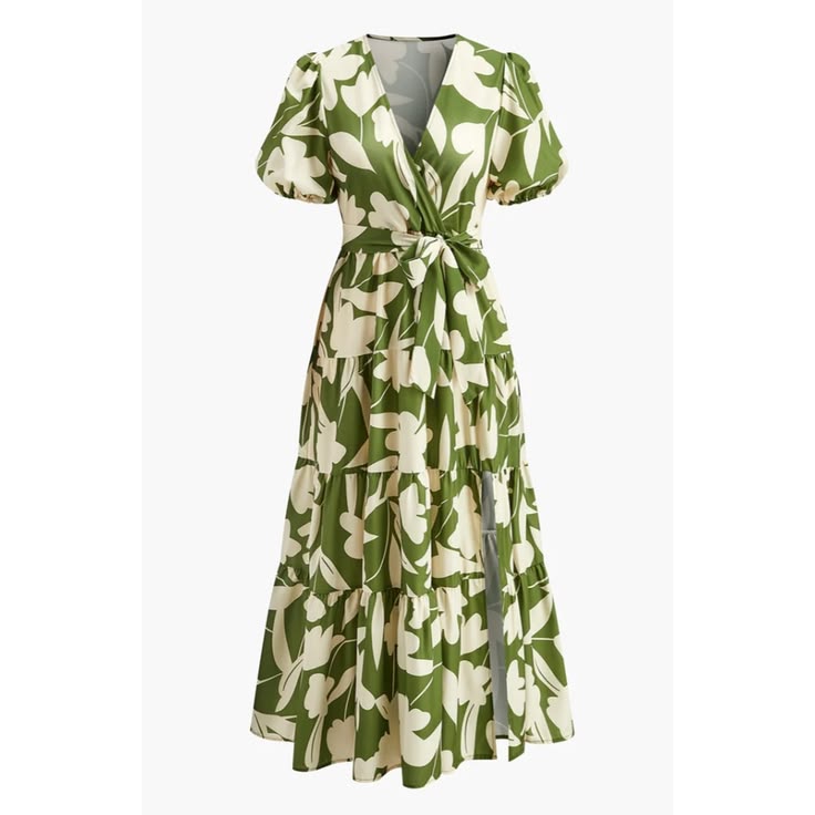 Commense Dress Commense Green Floral Maxi Dress Puff Sleeve Tiered