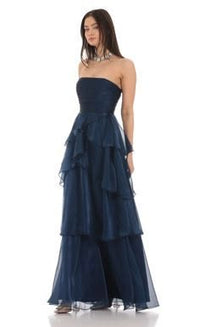 Corset Petal Ruffle Strapless Maxi Dress In Navy