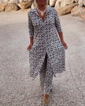 Printed Two-Piece Long Tunic Top and Wide-Leg Pants Set