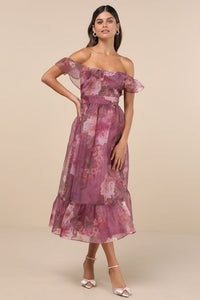 Sweet Composure Plum Floral Organza Off-the-Shoulder Midi Dress