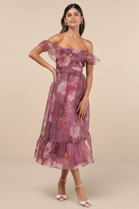 Sweet Composure Plum Floral Organza Off-the-Shoulder Midi Dress