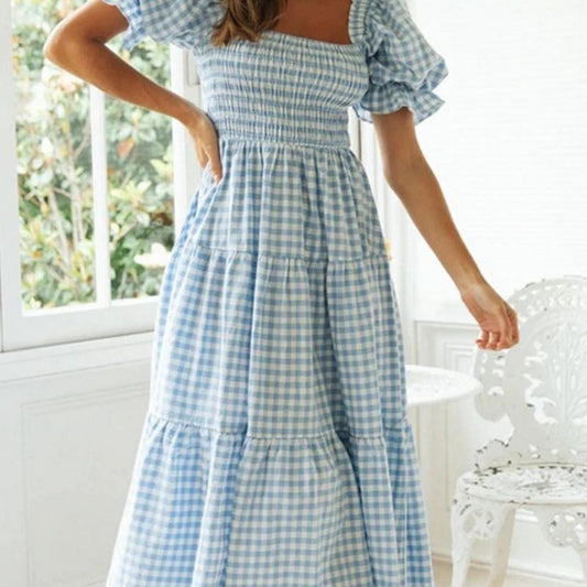 Goodnight Macaroon Dress Goodnight Macaroon Blue Gingham Puff Sleeve