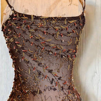 Tory, 90s beaded brown bias cut chiffon handkerchief dress