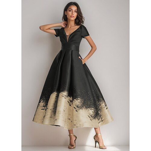 Black Gold A Line Cocktail Gown Elegant Dress Formal Wedding Ankle