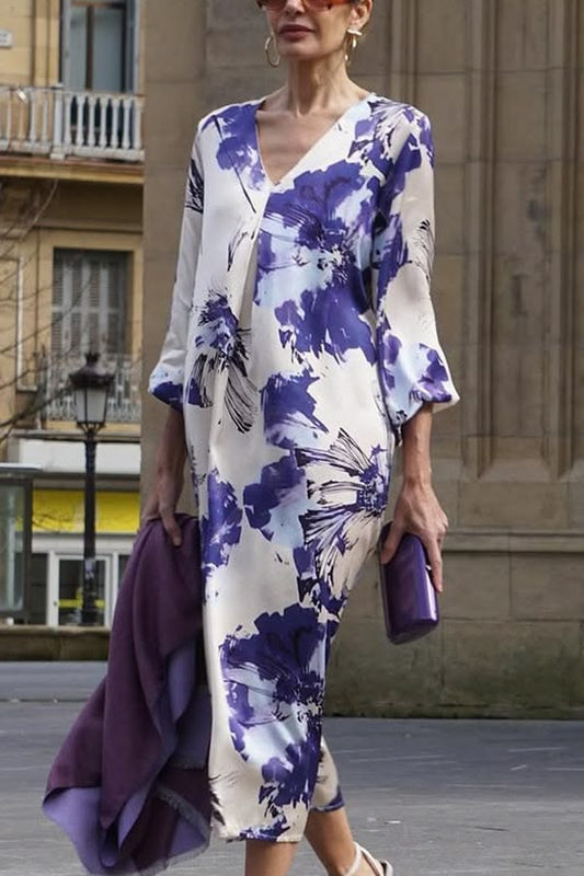 Satin Floral Print V Neck Casual Midi Dress Multicolor