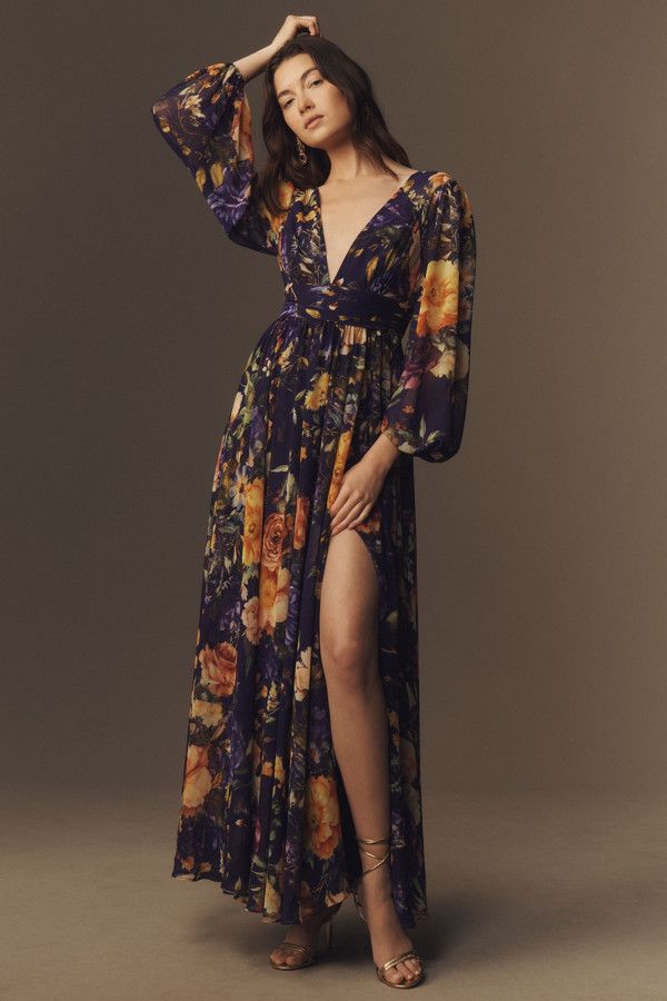 Long Sleeve V Neck Sheer Maxi Dress