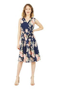 Yumi Floral Rose Wrap Over Sleeveless Dress In Navy At