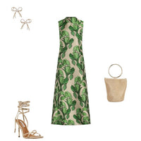 Buru Maxi Mod Printed Brocade Mock Neck Sleeveless Shift Maxi Dress