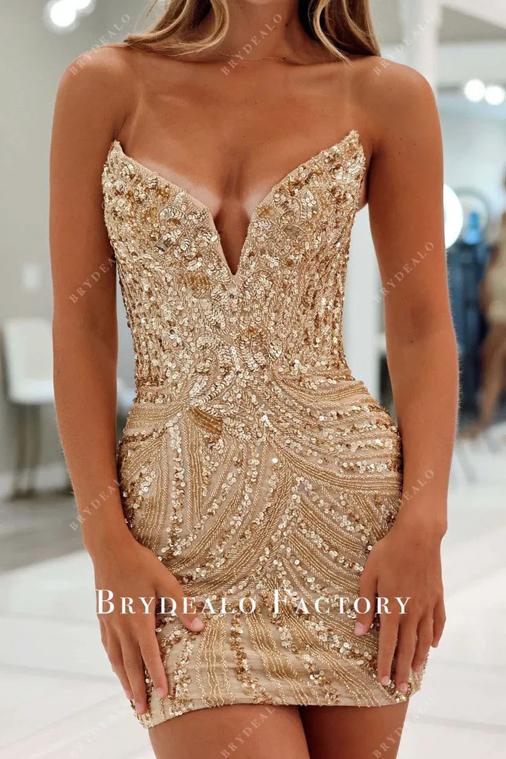 Champagne Sequin Beaded Strapless Mini Dress
