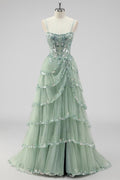 Sparkly Sage Green A Line Sequins Corset Tiered Long Prom Dress With