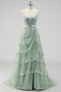 Sparkly Sage Green A Line Sequins Corset Tiered Long Prom Dress With