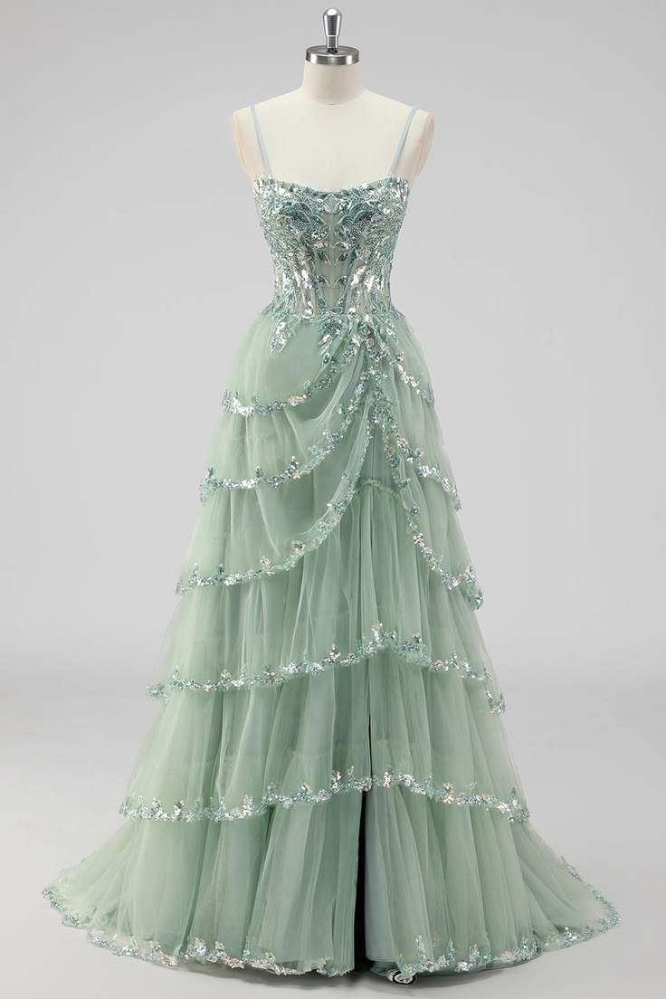 Sparkly Sage Green A Line Sequins Corset Tiered Long Prom Dress With
