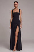 Black Square Neck A Line Long Formal Dress With Slit Black