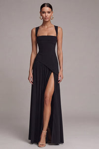 Black Square Neck A Line Long Formal Dress With Slit Black