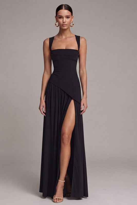 Black Square Neck A Line Long Formal Dress With Slit Black