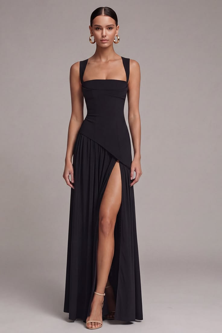 Black Square Neck A Line Long Formal Dress With Slit Black