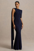 Tiana Navy Asymmetric Neck Maxi Dress With Drape Detail