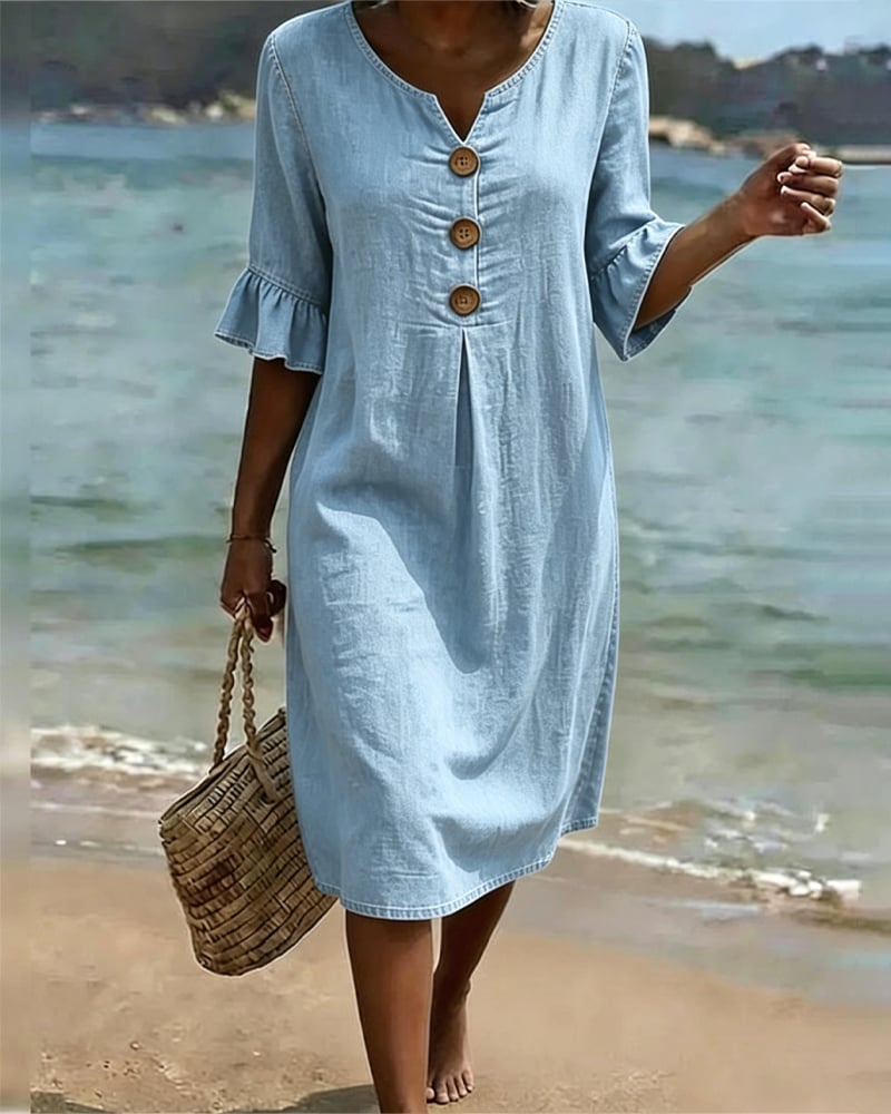 Mila - Ruffle Sleeve Denim A-Line Dress with Button Detail