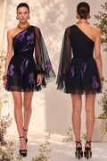 One Shoulder Floral Mesh Dress Black