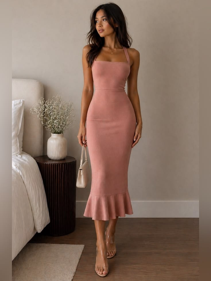 Dusty Rose Bodycon Midi Dress Ruffle Hem Elegant Fit. New Without Tags