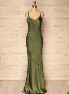 Spaghetti Straps Olive Green Sheath Prom Dress Prom Dress