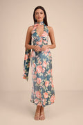 Malani Dark Teal Floral Satin Sash Midi Dress