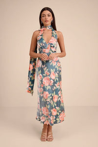 Malani Dark Teal Floral Satin Sash Midi Dress