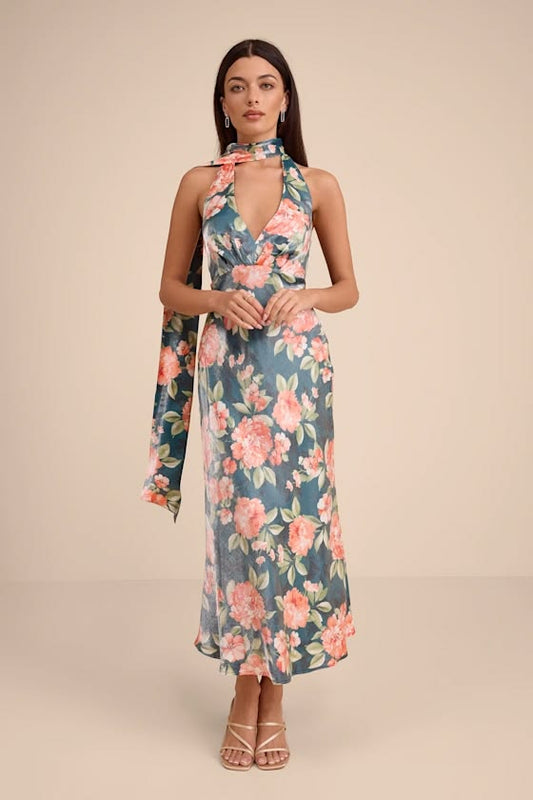 Malani Dark Teal Floral Satin Sash Midi Dress
