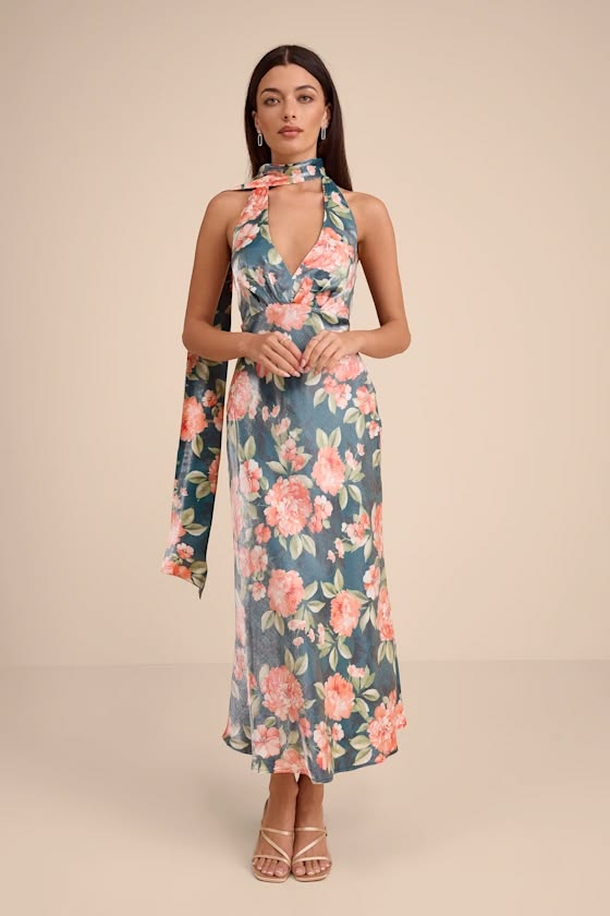 Malani Dark Teal Floral Satin Sash Midi Dress