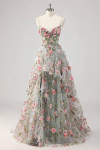 A Line Grey Green Beaded Corset Long Prom Dress With 3D Flowers