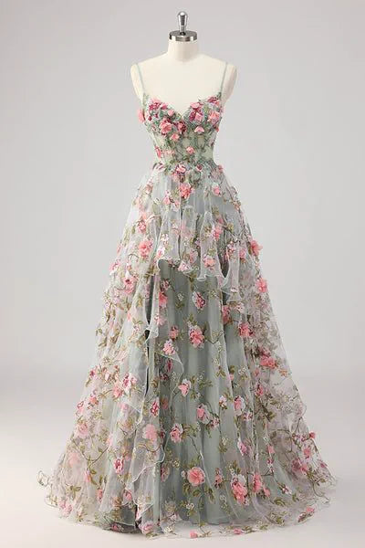A Line Grey Green Beaded Corset Long Prom Dress With 3D Flowers