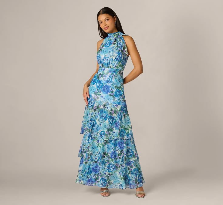 Multi Colored Tiered Metallic Floral Chiffon Halter Gown - Adrianna Papell