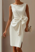Solid Color Bow Decoration Round Neck Sleeveless Knee Length Mini