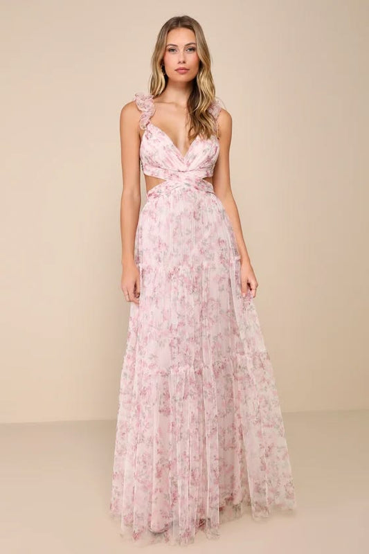 Ethereal Love Blush Floral Pleated Tiered Tie Back Maxi Dress