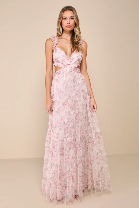 Ethereal Love Blush Floral Pleated Tiered Tie Back Maxi Dress