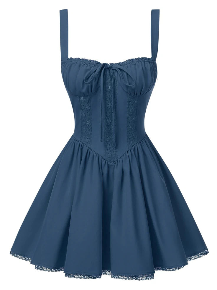 1950s Strap Lace Up Corset Mini Dress Dark Blue