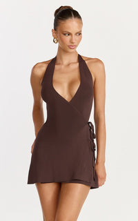 US Callista Mini Dress Knit Halter Neck Wrap Dress In Chocolate, S
