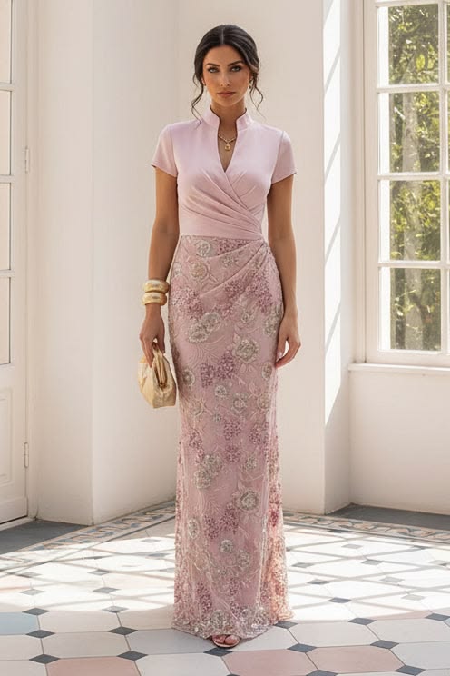 Floral Embroidered Column Gown For Formal Occasions