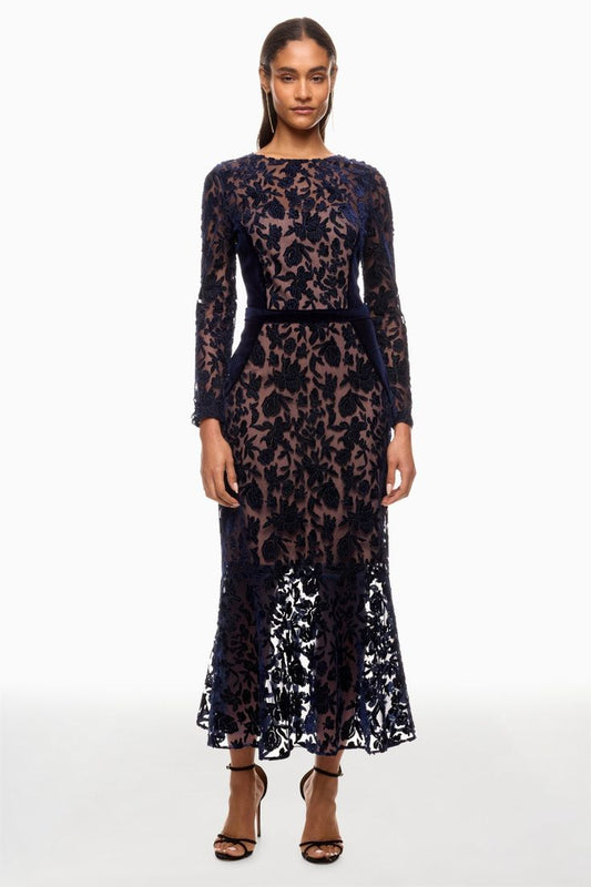Cutwork Velvet & Tulle Midi Dress