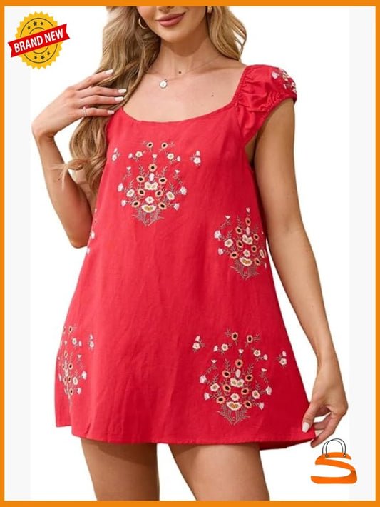 Linen Floral Embroidered Sleeveless Mini Dress