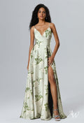 AW Rosemarie Dress, Sage Garden Party Chiffon Crystal Satin Charmeuse