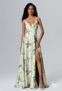 AW Rosemarie Dress, Sage Garden Party Chiffon Crystal Satin Charmeuse