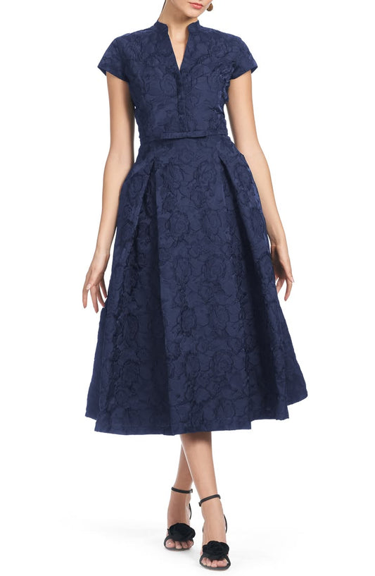 Sachin & Babi Hanna Floral Cloque Cocktail Midi Dress In Washed Indigo