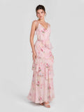 Boho Watercolor Floral Tiered Ruffle Maxi Dress Soft Pink