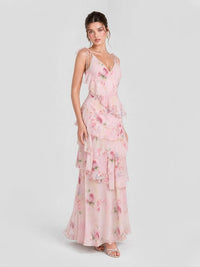 Boho Watercolor Floral Tiered Ruffle Maxi Dress Soft Pink