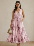 Women V Neck Sleeveless Draped Maxi Dress Vintage Floral Elegant A